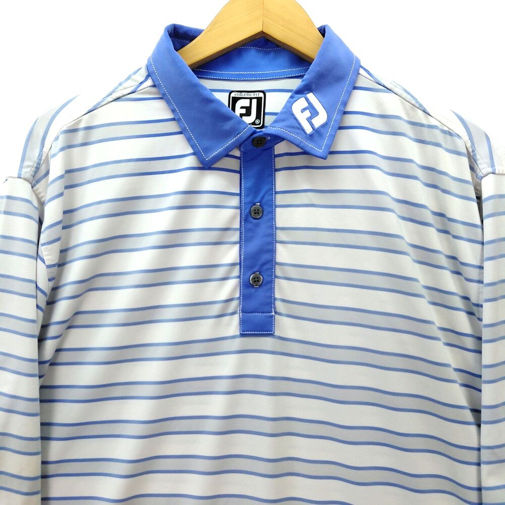 FootJoy Golf Polo Shirt Men XL Blue White Stripe Tour Issue Collar Athletic Fit